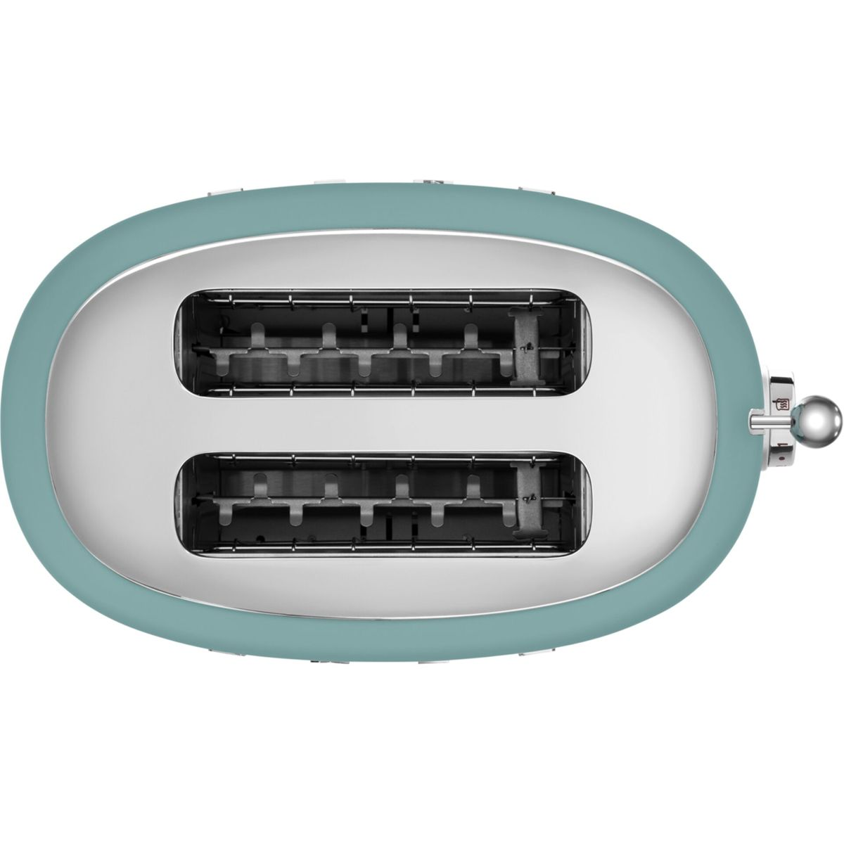 Widok z góry na turkusowy i srebrny toster z dwoma szczelinami. Z boku znajduje się dźwignia i pokrętło.
