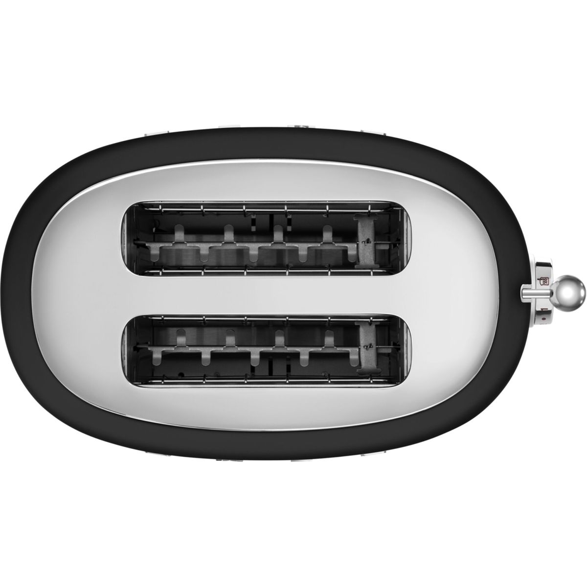 Widok z góry na czarno-srebrny toster. Ma dwa otwory i dźwignię z boku. Tło jest białe.