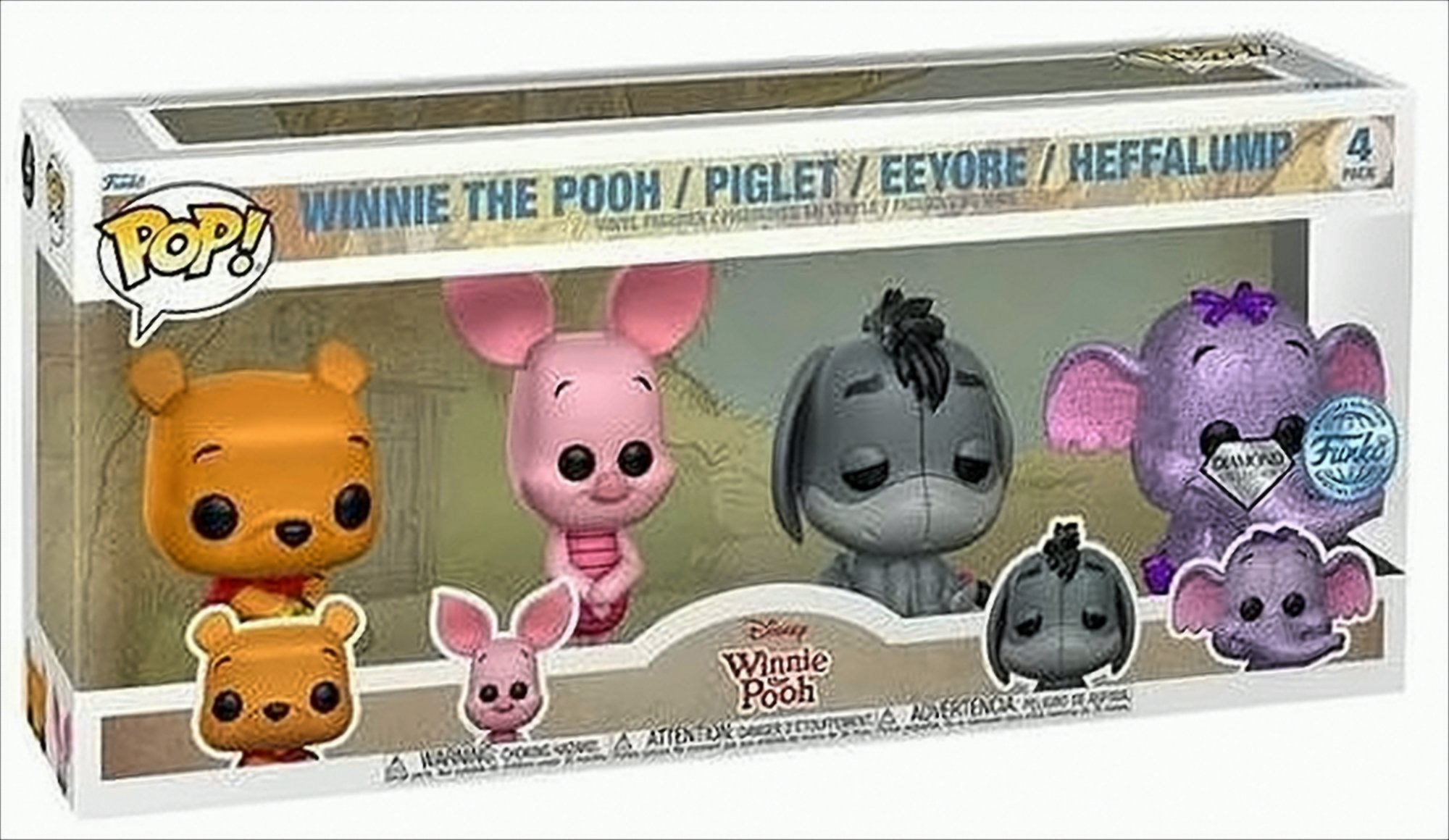 Set scatola Funko Pop con personaggi di Winnie the Pooh, Piglet, Eeyore e Heffalump. La scatola ha un fronte in plastica trasparente.