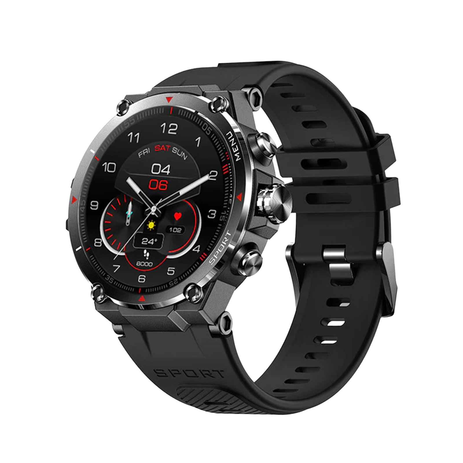 Eine schwarze Smartwatch mit rundem Zifferblatt zeigt Uhrzeit und Gesundheitsdaten an. Sie hat ein schwarzes Armband und silberne Akzente.