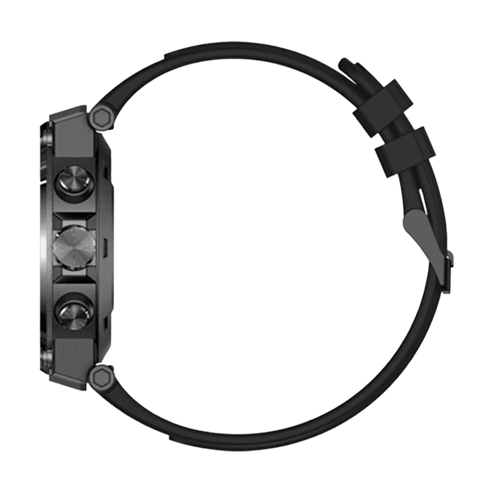 Eine schwarze Armbanduhr wird im Profil gezeigt. Sie hat ein dunkelgraues Zifferblatt mit drei Knöpfen und ein schwarzes Armband.
