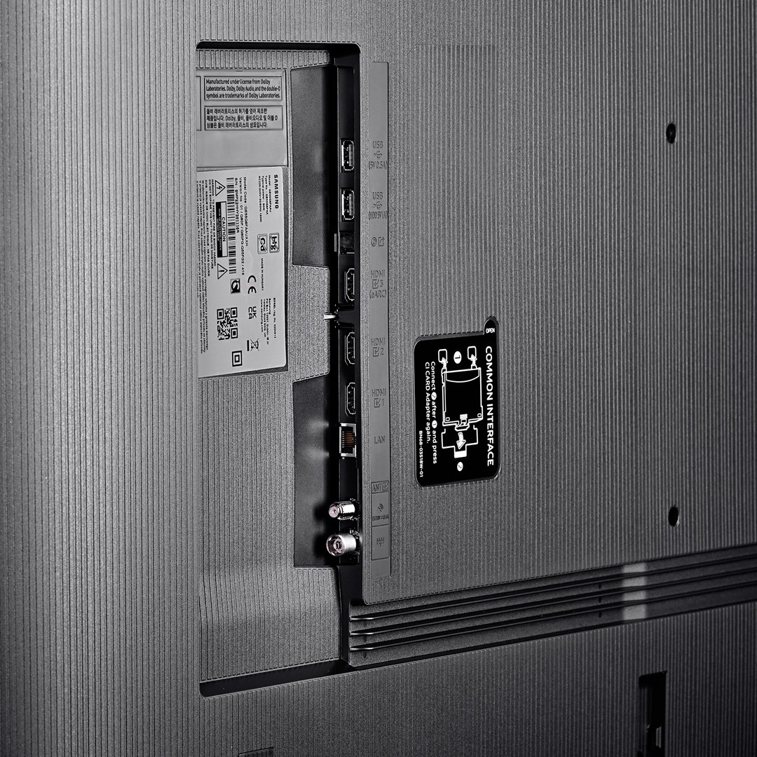 Rückseite eines Samsung-Fernsehers mit Anschlüssen: USB, HDMI, LAN und andere. Enthält einen 'Common Interface'-Kartensteckplatz und Beschriftungen.