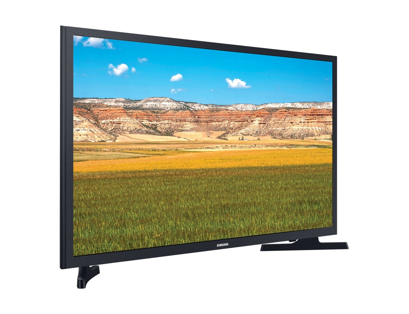 Un televisor Samsung muestra un paisaje con cielo azul, nubes blancas, campos amarillos y verdes y montañas en capas.