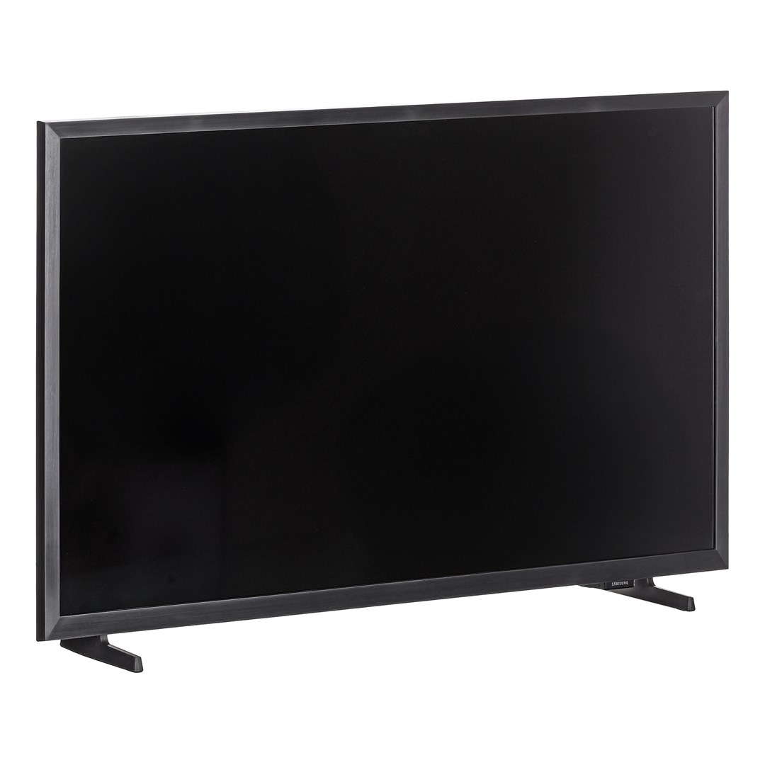 Un téléviseur Samsung noir sur fond blanc. L'écran est noir, avec un cadre noir et deux pieds noirs. Le nom de la marque est visible.