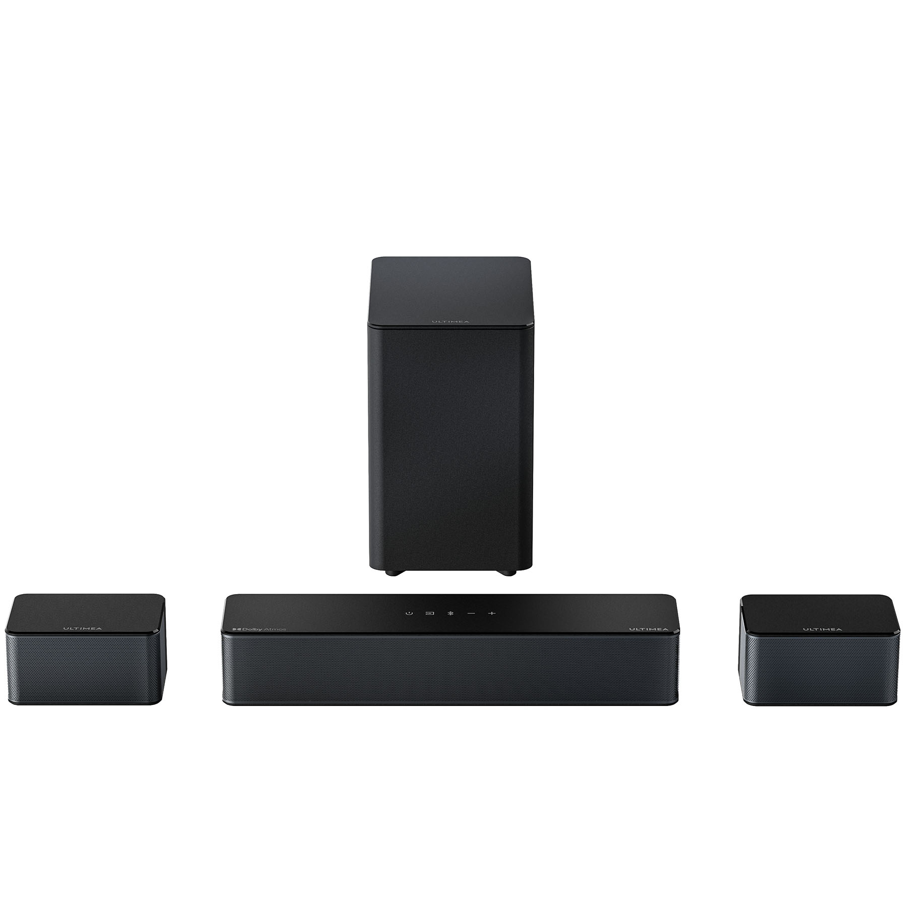Czarny system dźwiękowy z soundbarem, subwooferem i dwoma głośnikami satelitarnymi. Wszystkie elementy są czarne na białym tle.