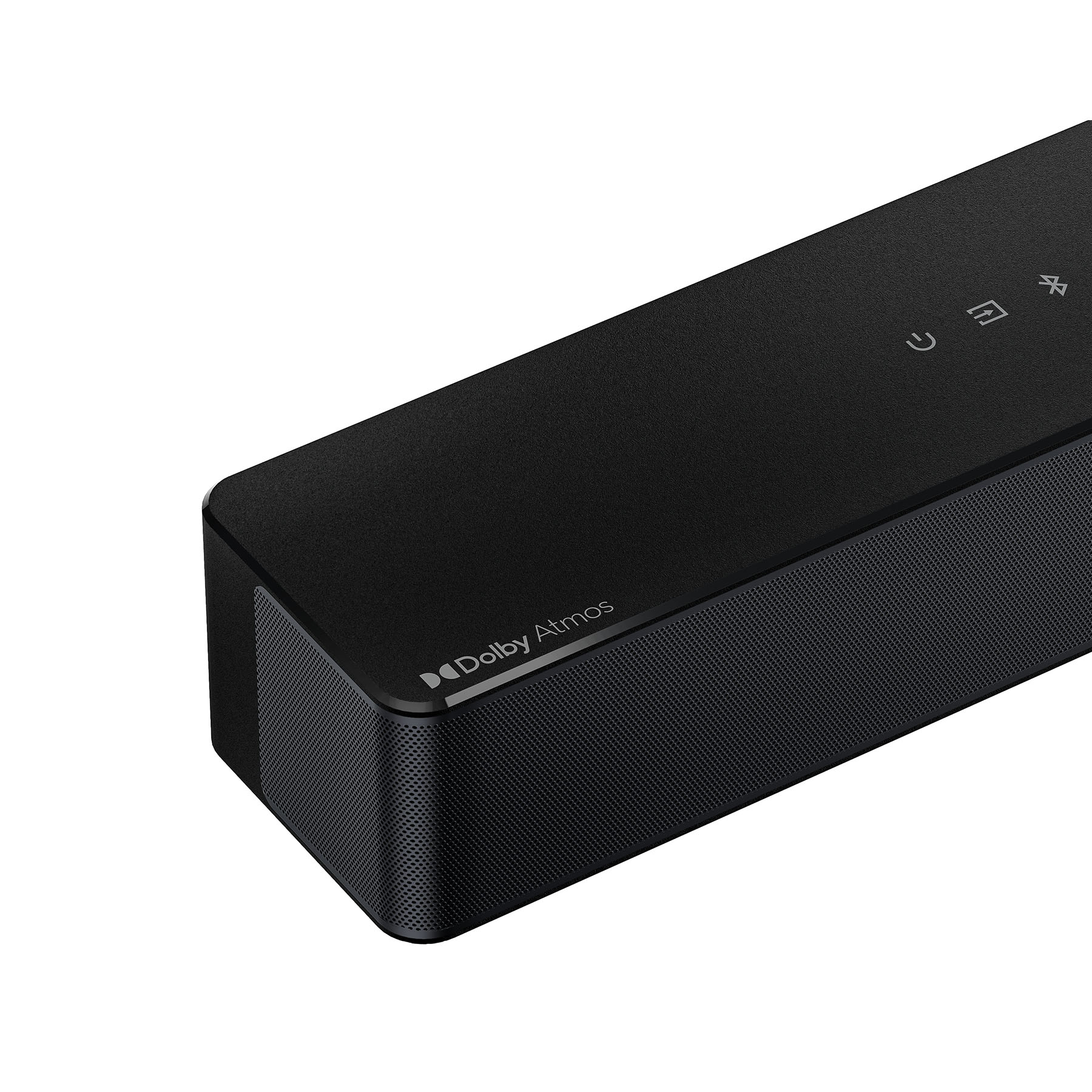 Czarny soundbar z logo Dolby Atmos. Ma przyciski, przycisk zasilania i siatkowy głośnik z boku.
