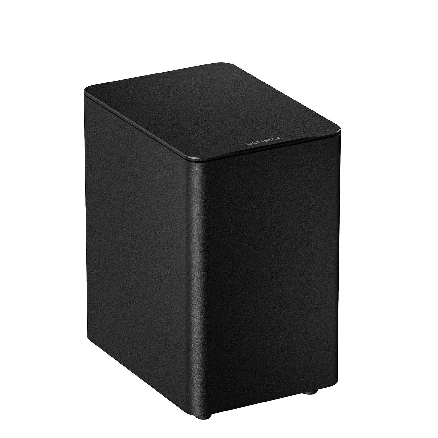 Czarny subwoofer z zaokrąglonymi rogami. Widoczna nazwa marki ULTIMEA. Na białym tle.