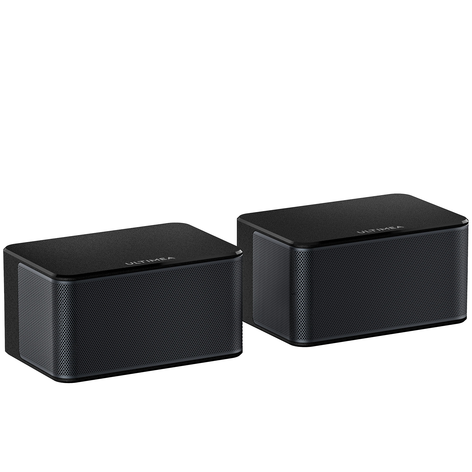 Dwa czarne prostokątne głośniki z napisem 'ULTIMEA' na białym tle, obok siebie.