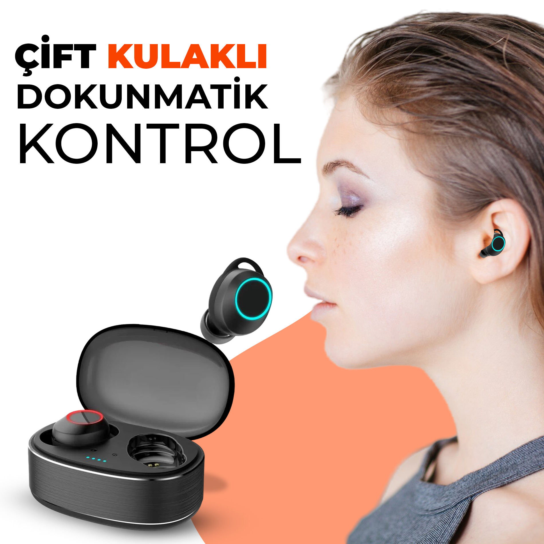 Kulaklık takmış bir kadın. Kulaklıklar siyah, mavi ve kırmızı detaylara sahip. Metinde 'Çift kulak dokunmatik kontrol' yazıyor.