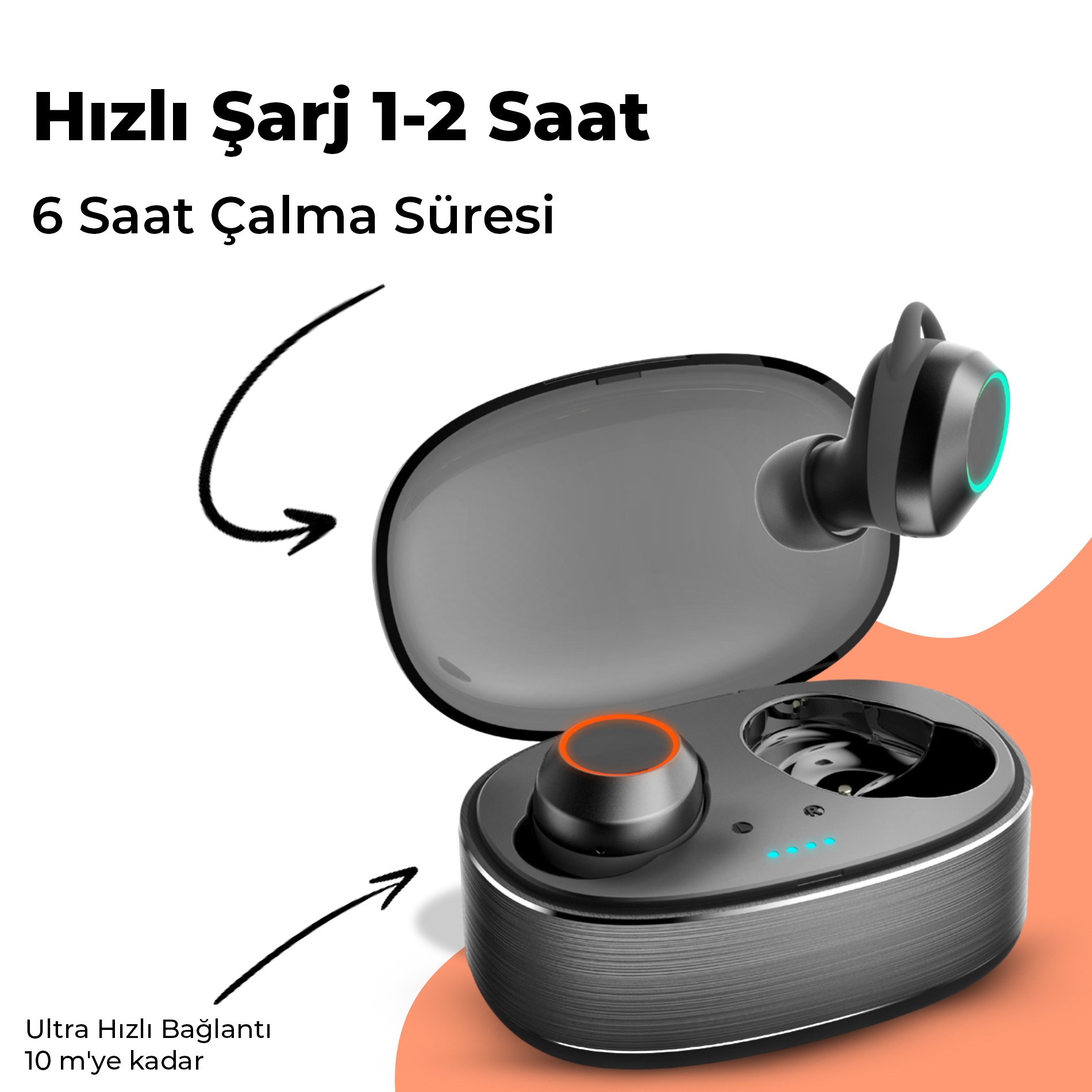 Kablosuz kulaklıklar bir kutuda, siyah, turuncu ve mavi vurgularla. Metin, hızlı şarj ve uzun pil ömrünü gösterir.