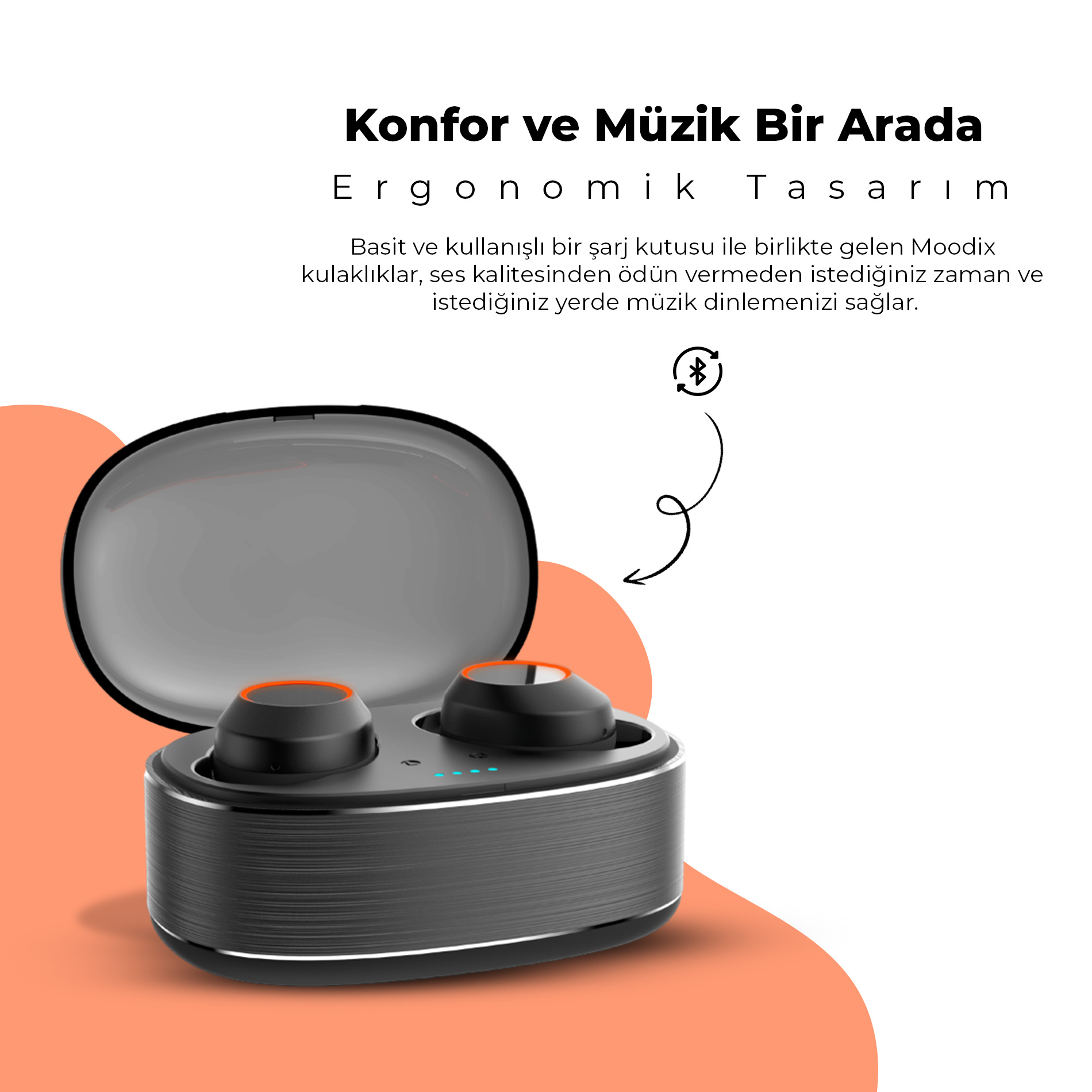 Şarj kutusunda siyah kulaklıklar. Turuncu vurgular ve metin. Beyaz ve turuncu arka plan. Bluetooth sembolü.