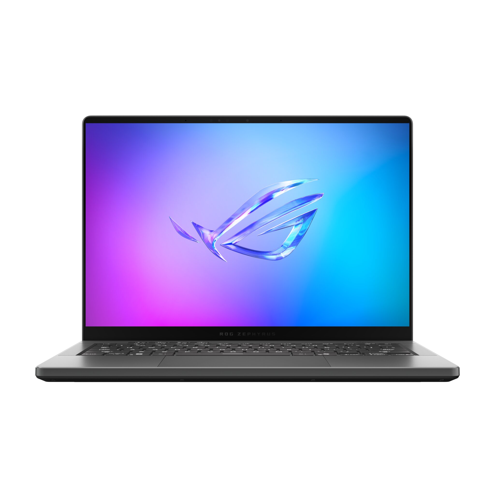 Un laptop su sfondo bianco. Lo schermo mostra un logo su uno sfondo sfumato. La tastiera è visibile.