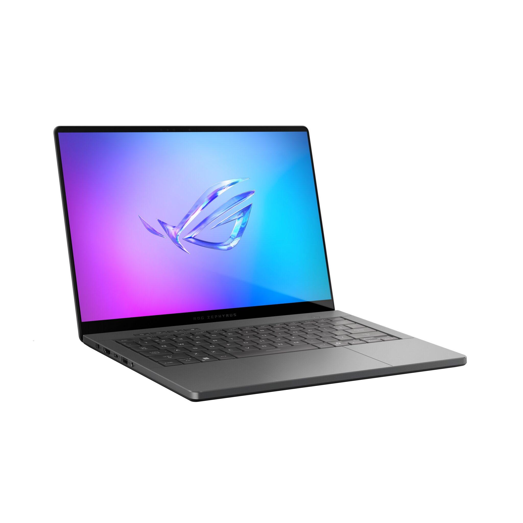 Un laptop argentato con schermo colorato che mostra un logo. La tastiera è visibile. Lo sfondo è bianco.