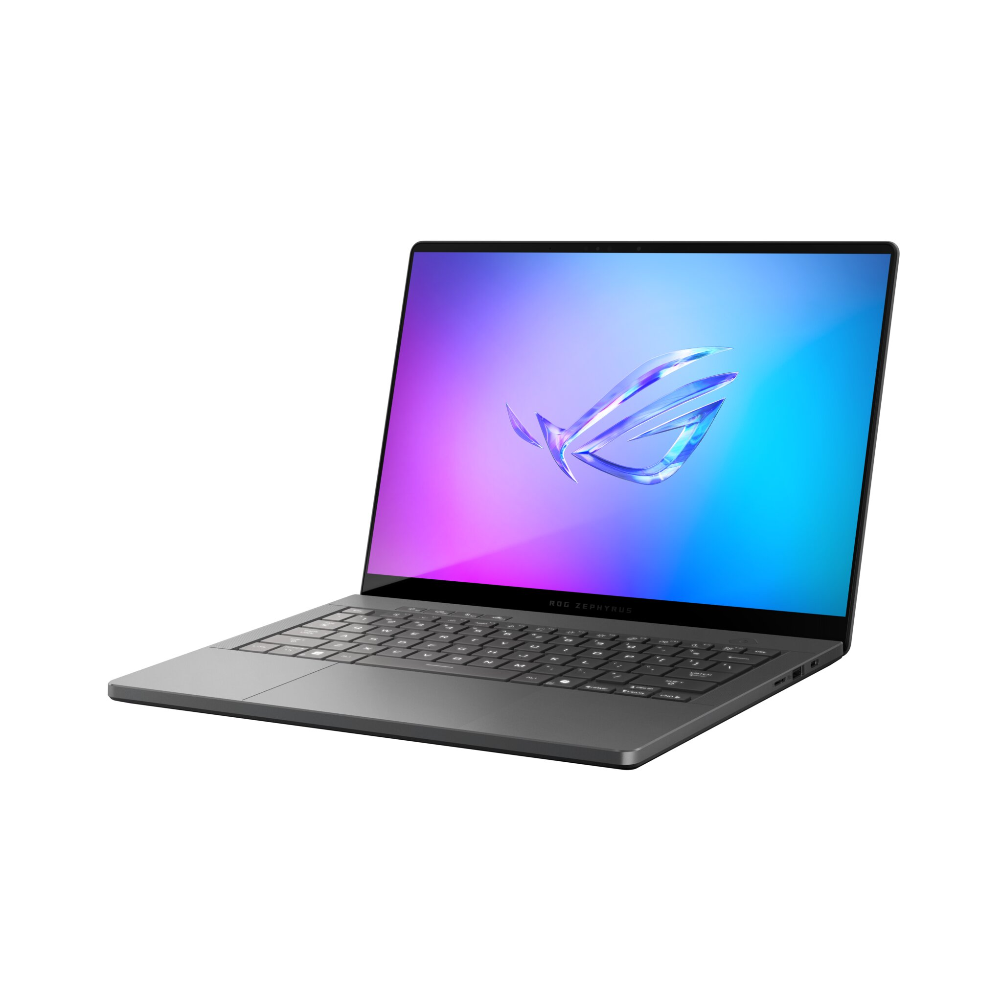 Un laptop argentato con uno schermo colorato che mostra il logo ROG. Il laptop è aperto e angolato, su uno sfondo bianco.