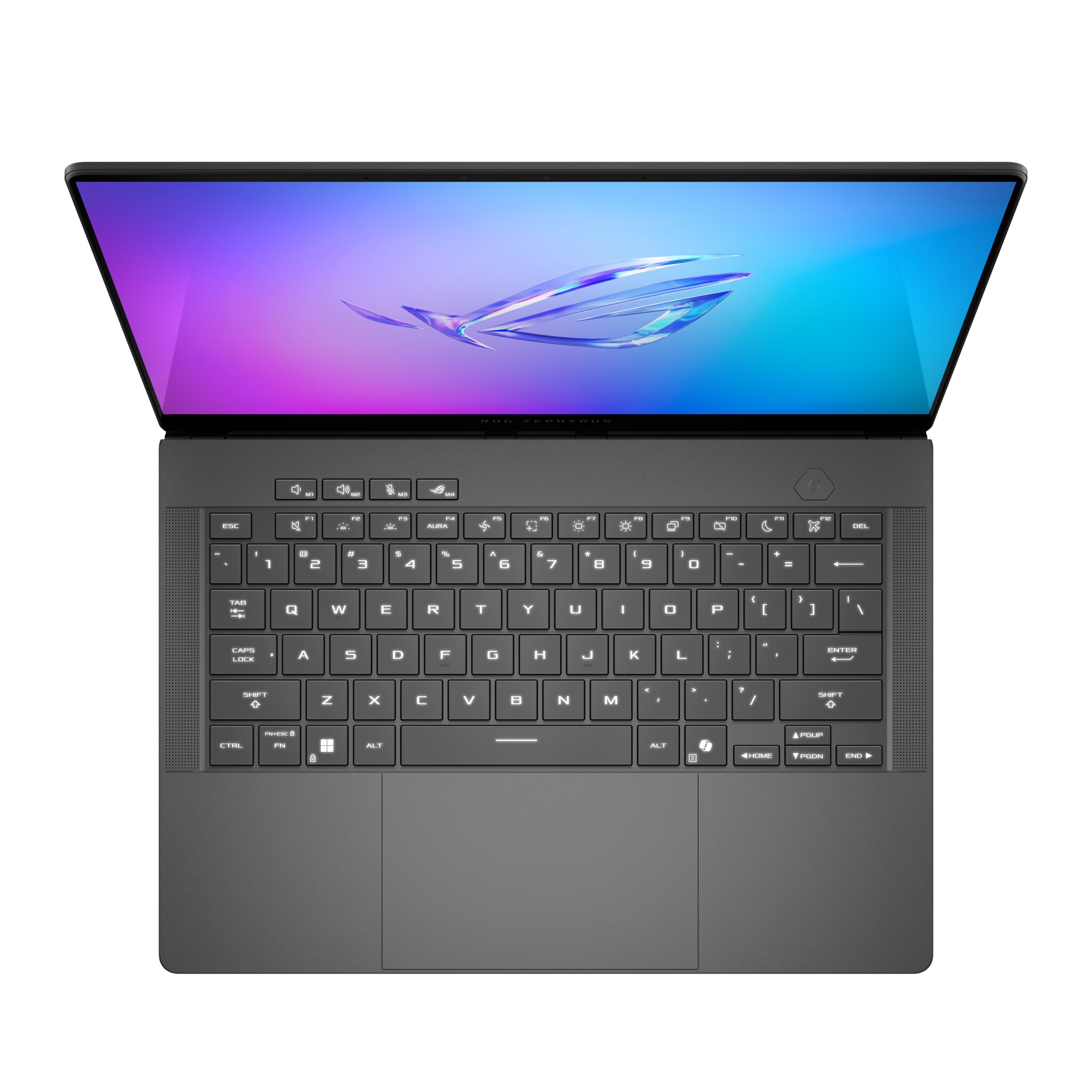 Un laptop grigio aperto, con schermo colorato. Tastiera visibile. Lo schermo mostra un logo astratto.