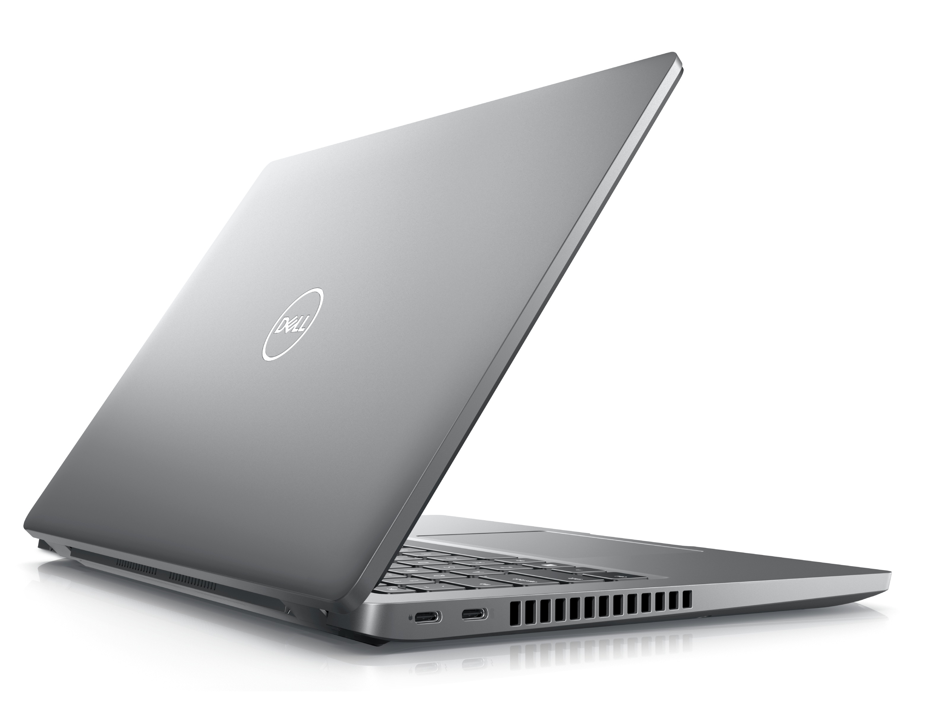 Ein silberner Dell-Laptop ist geöffnet. Der obere Deckel ist angewinkelt und zeigt das Dell-Logo.
