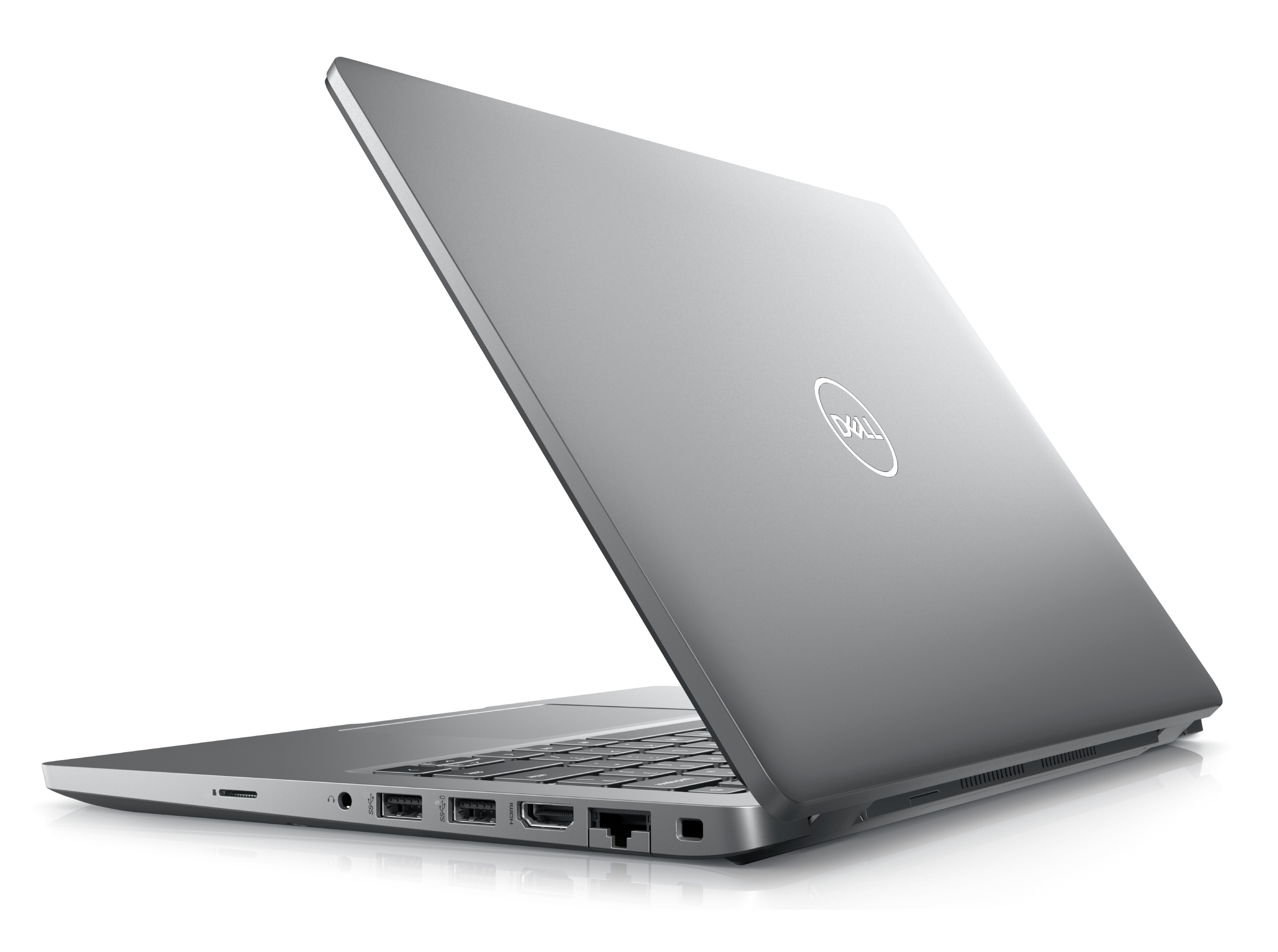 Ein silberner Dell-Laptop ist geöffnet und zeigt die Tastatur und das Logo. Der Hintergrund ist weiß. Der Laptop ist angewinkelt.