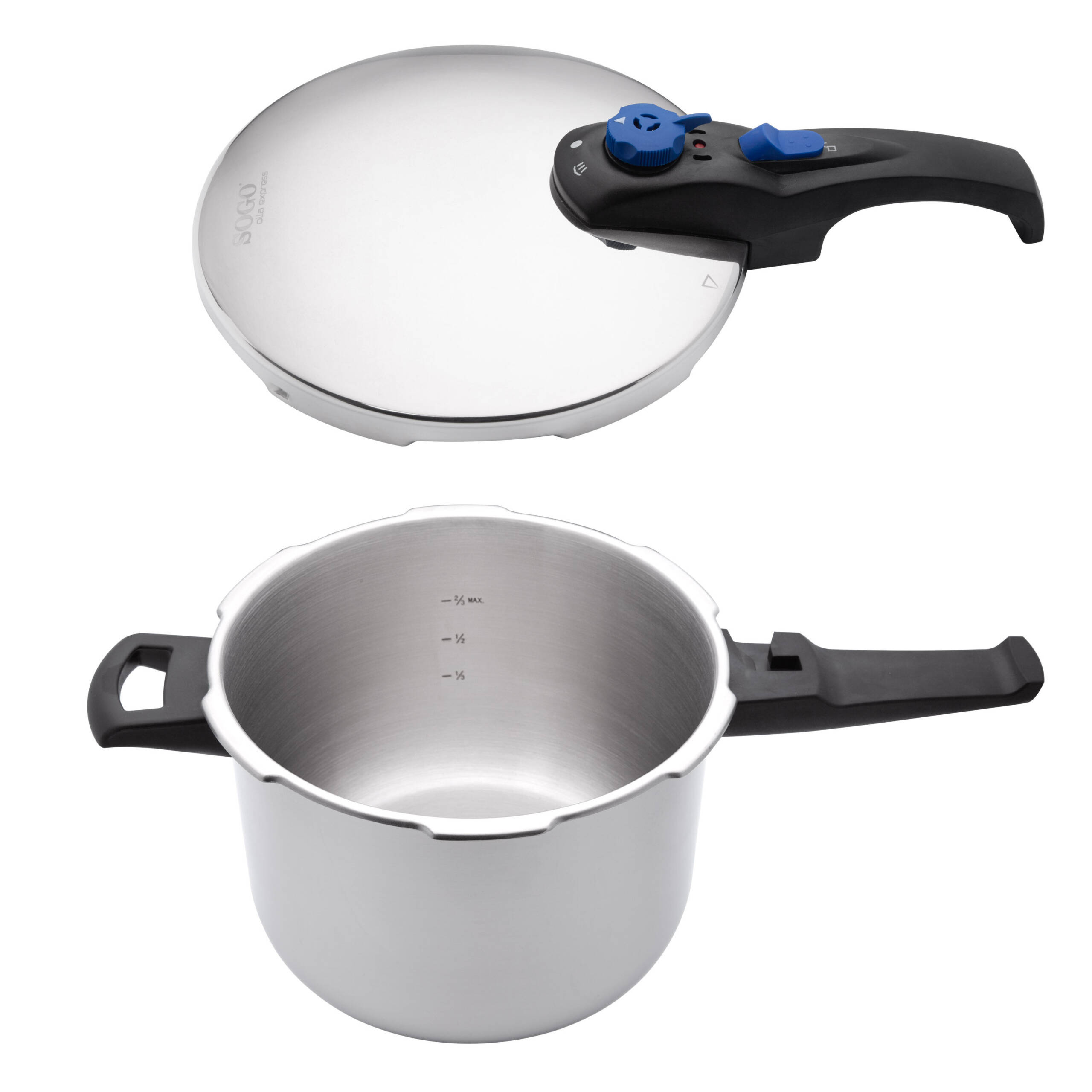 Una olla a presión de acero inoxidable con tapa y asa negra. La tapa tiene controles azules. La olla tiene un asa negra.