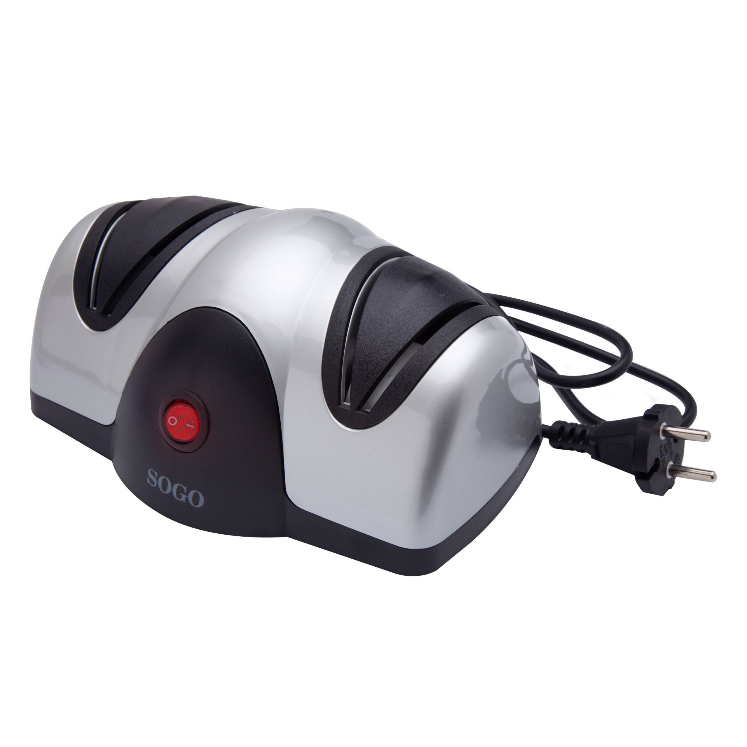 Un afilador de cuchillos eléctrico SOGO. Tiene un cuerpo plateado con detalles negros y un botón de encendido rojo.