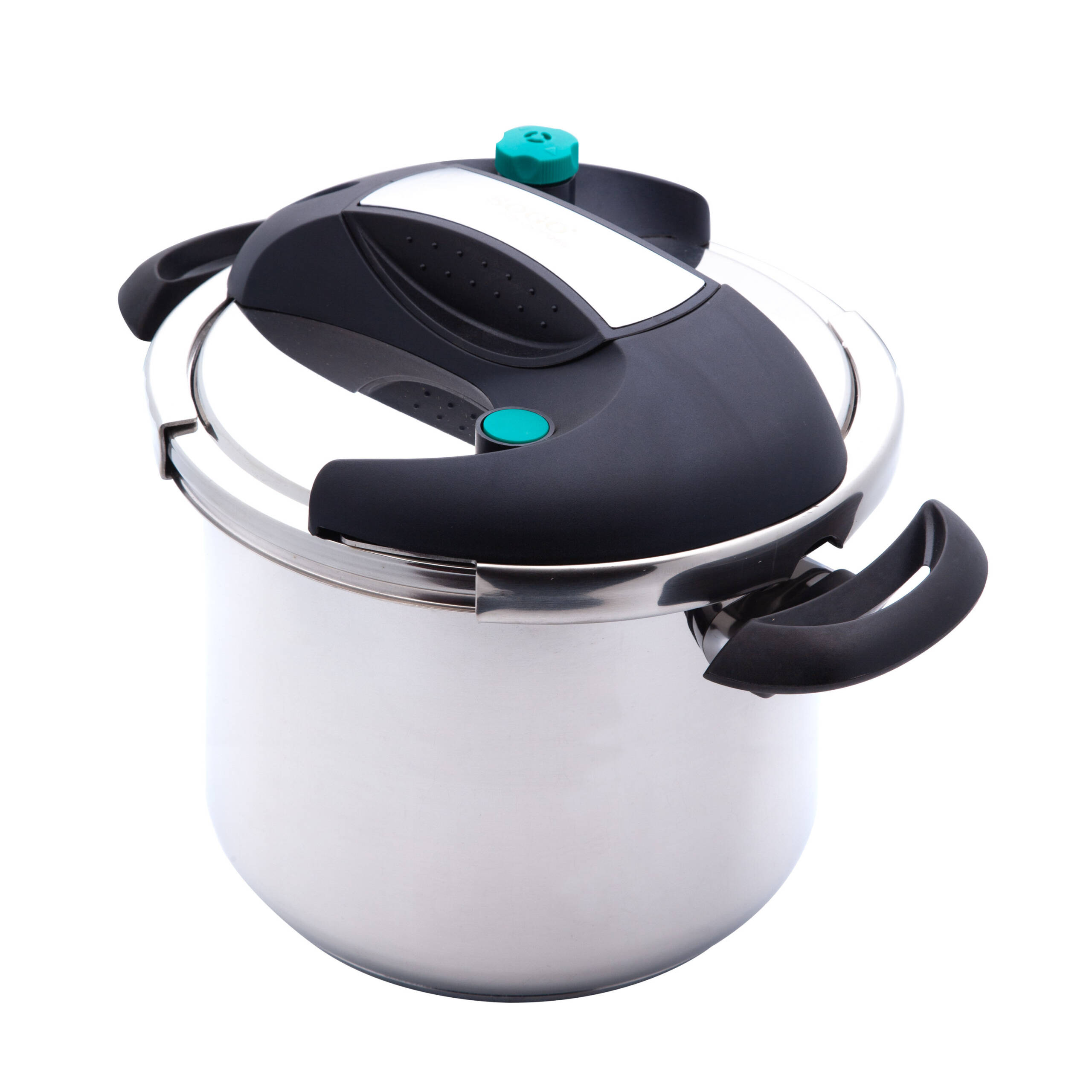 Una olla a presión de acero inoxidable con tapa y asas negras, válvula verde y fondo blanco.