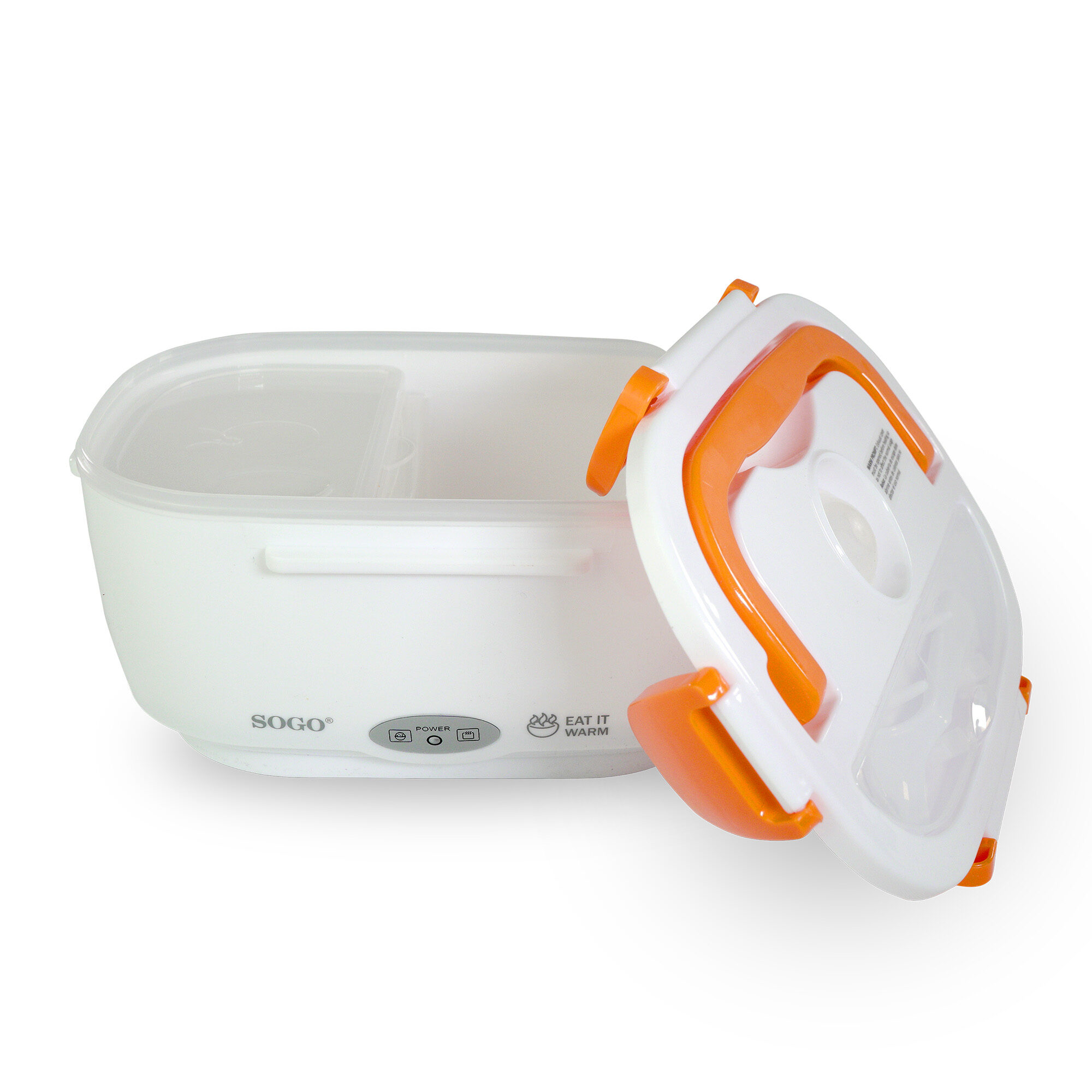 Scaldavivande SOGO bianco. Coperchio aperto con dettagli arancioni. Icone di alimentazione e calore visibili. Testo 'EAT IT WARM'.
