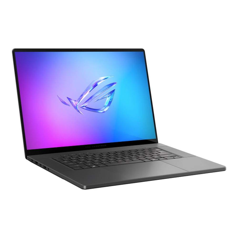 Un laptop grigio è visualizzato ad angolo. Lo schermo mostra un logo su uno sfondo sfumato viola, blu e bianco.