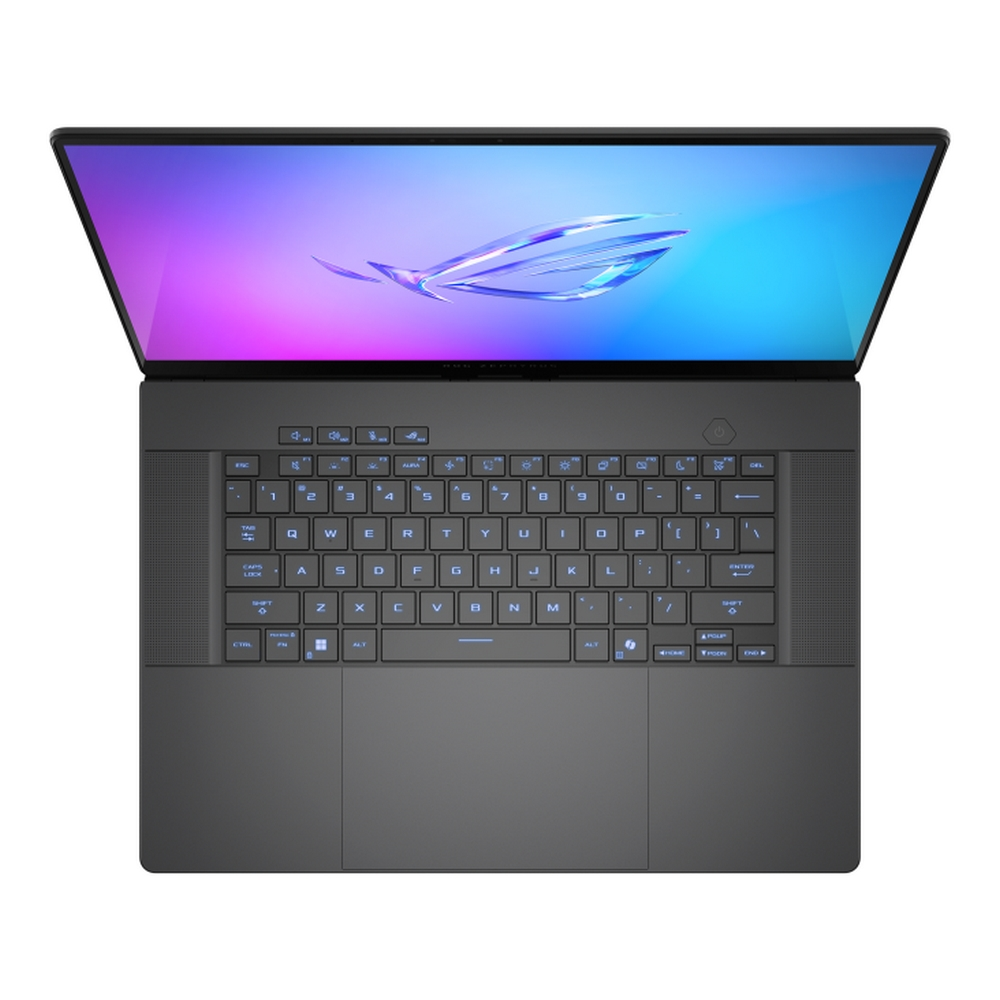Un laptop aperto dall'alto. Lo schermo mostra un gradiente di viola e blu con un logo. La tastiera è visibile e illuminata.