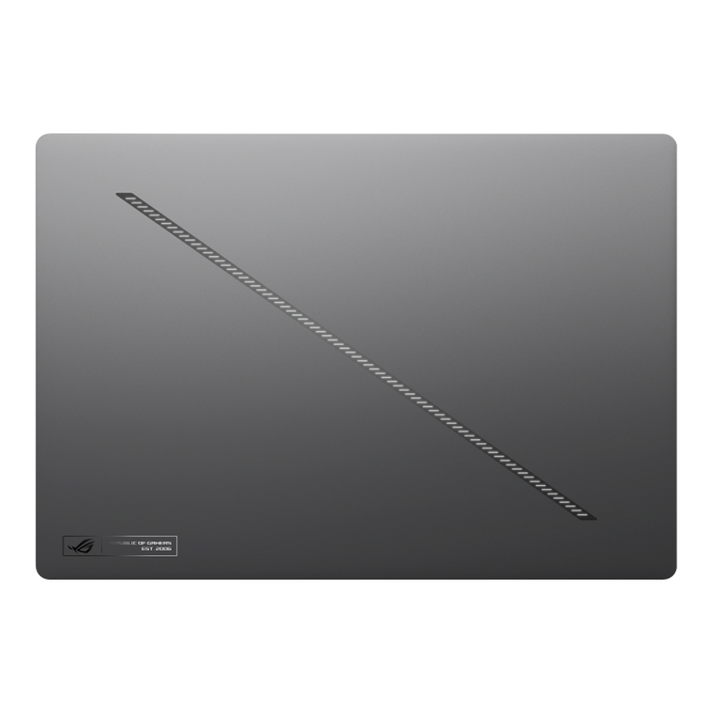 Coperchio grigio per laptop con linea di ventilazione diagonale e logo in basso a sinistra. Il coperchio ha una finitura opaca.