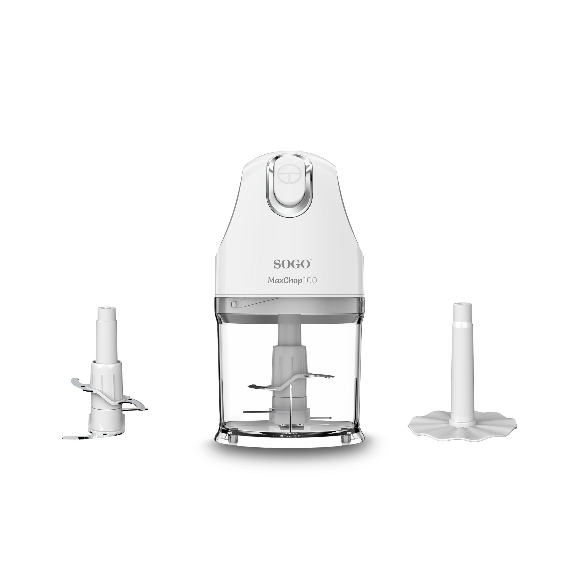 Un robot da cucina bianco SOGO MaxChop100 con parti staccabili, tra cui lame e base, su sfondo bianco.