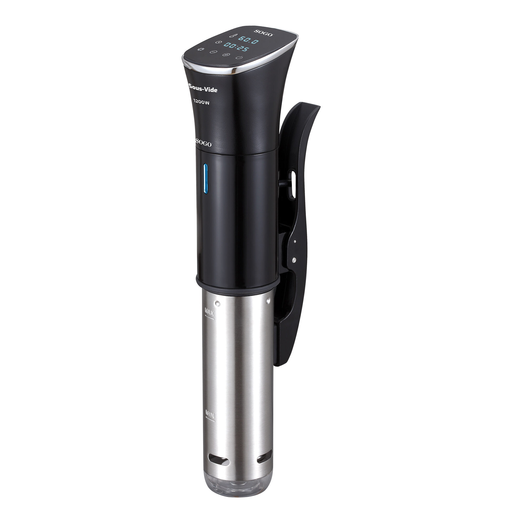 Cocina sous-vide SOGO. Negro y plateado, pantalla digital muestra temperatura y tiempo. Clip lateral.