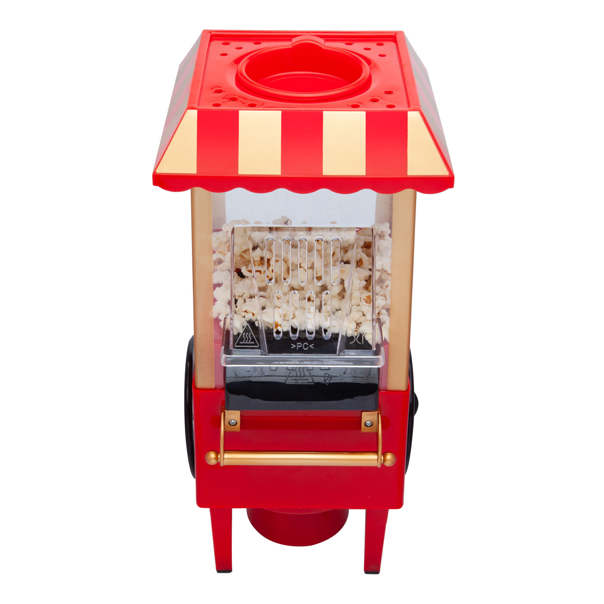 Una máquina de palomitas roja y dorada. Tiene un toldo rojo con rayas doradas. Las palomitas están dentro de la caja transparente.