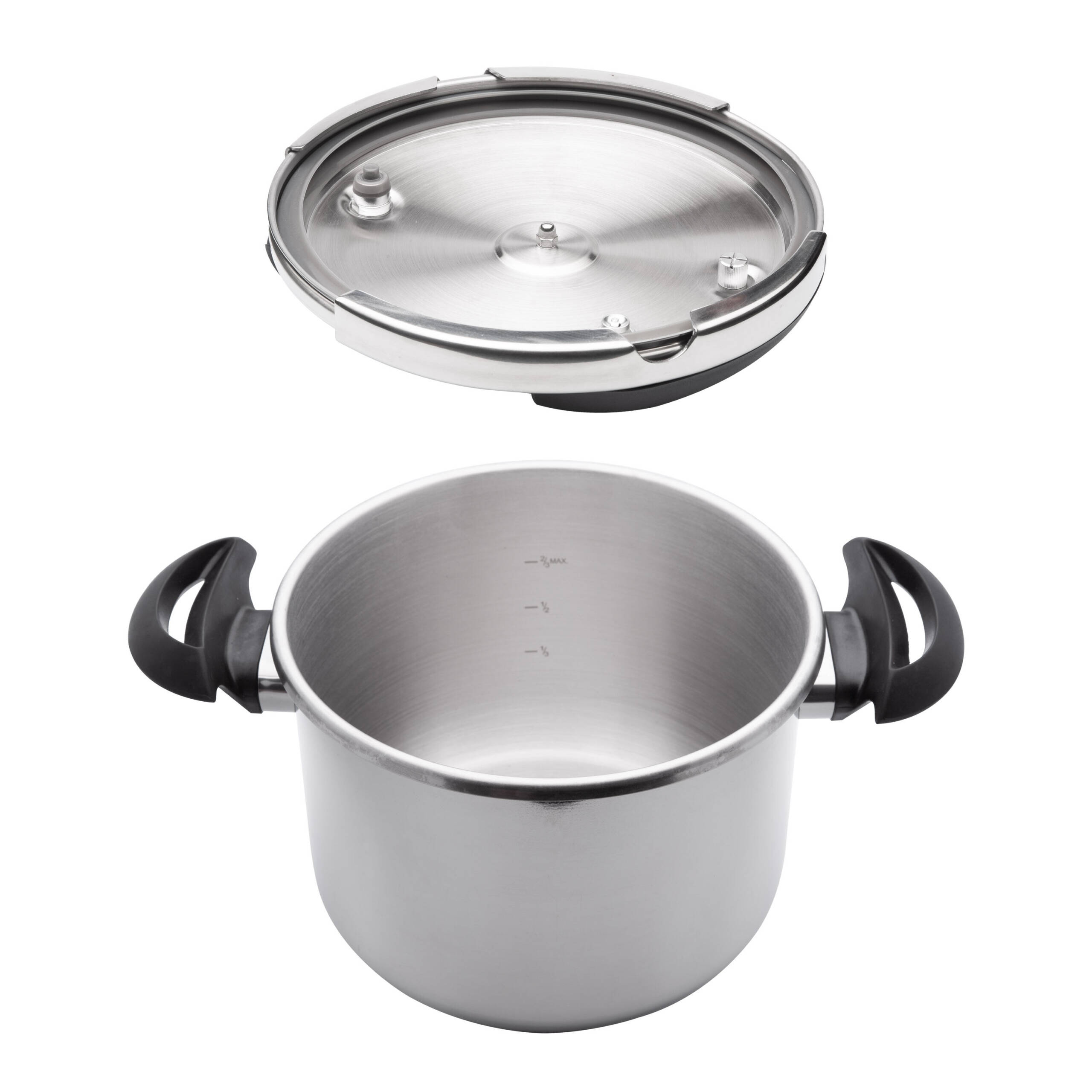 Una olla a presión de acero inoxidable con tapa abierta. Tiene asas negras e indicadores de nivel de agua.