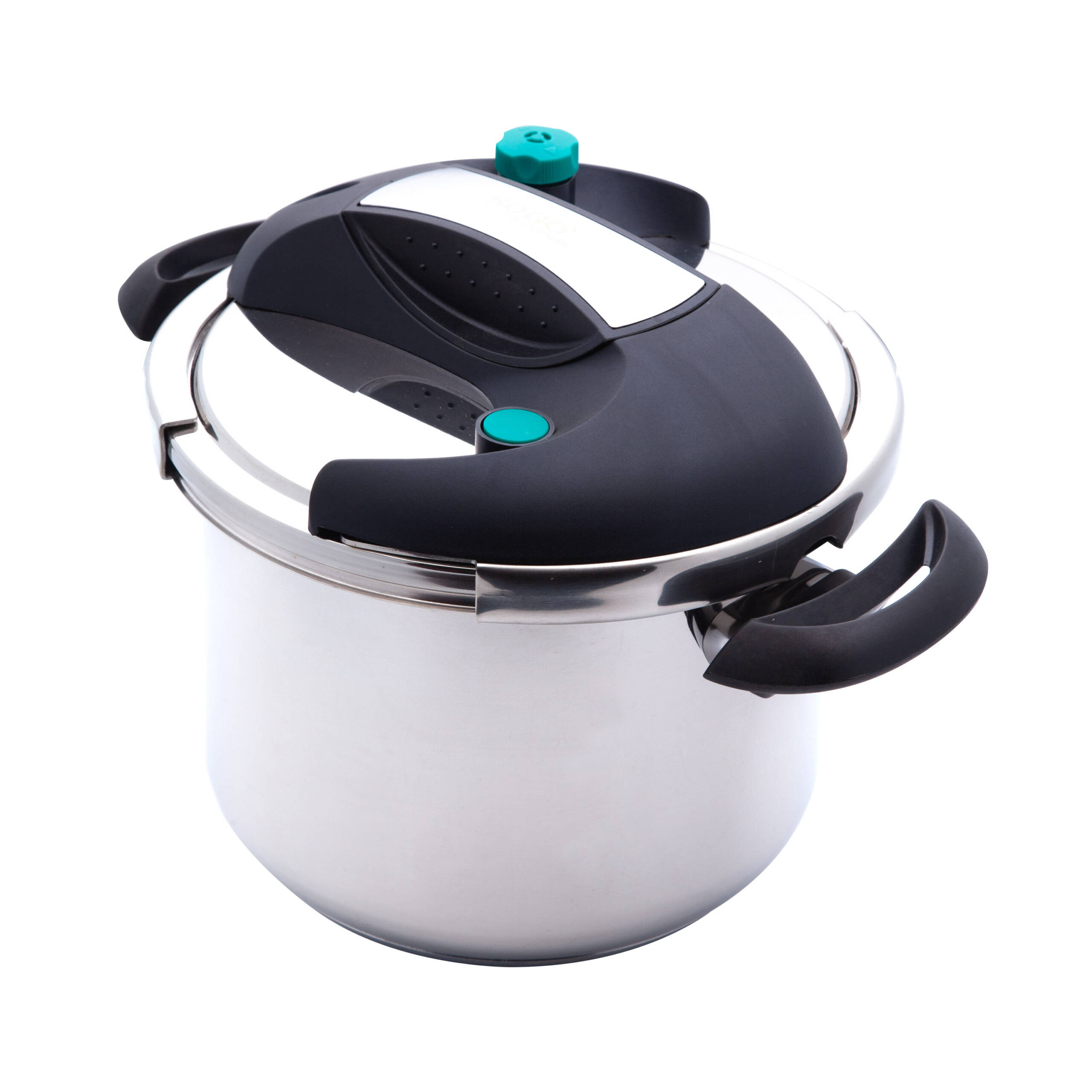 Una olla a presión de acero inoxidable con asas y tapa negras, un mando verde, aislado sobre fondo blanco.