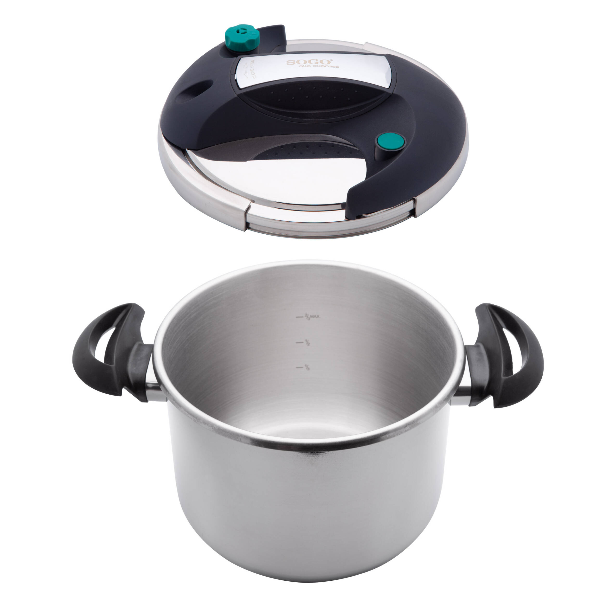 Una olla a presión de acero inoxidable con tapa negra, perillas verdes y asas negras. La tapa está abierta.