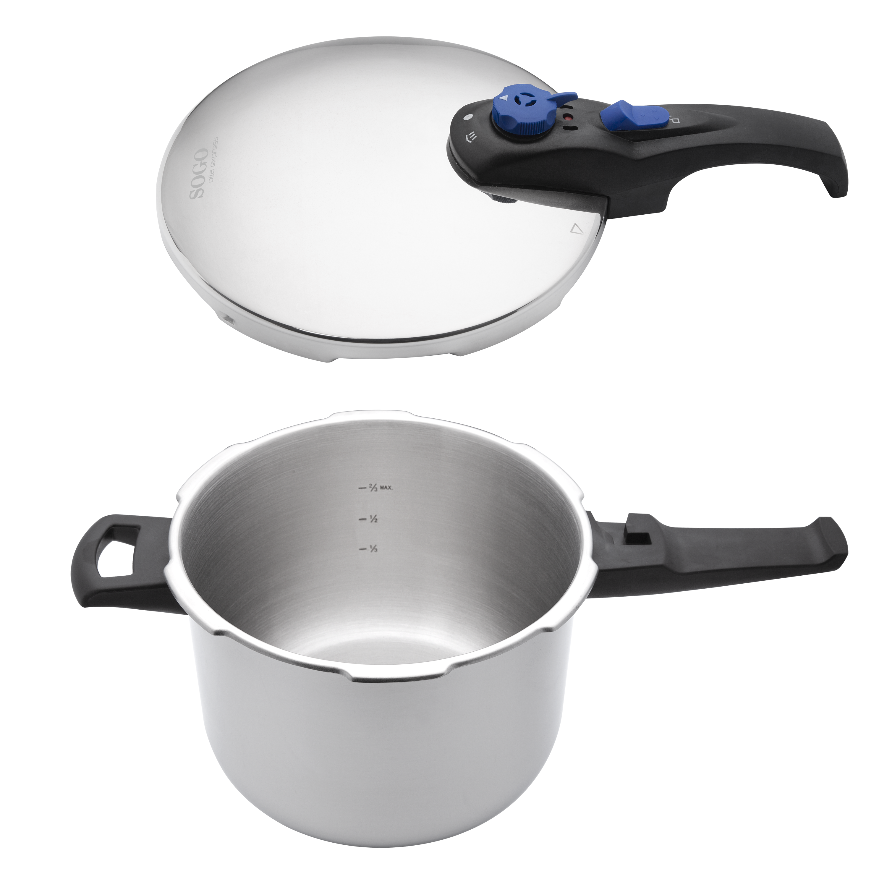 Una olla a presión de acero inoxidable con tapa y asa. La tapa tiene una perilla azul y un asa negra.