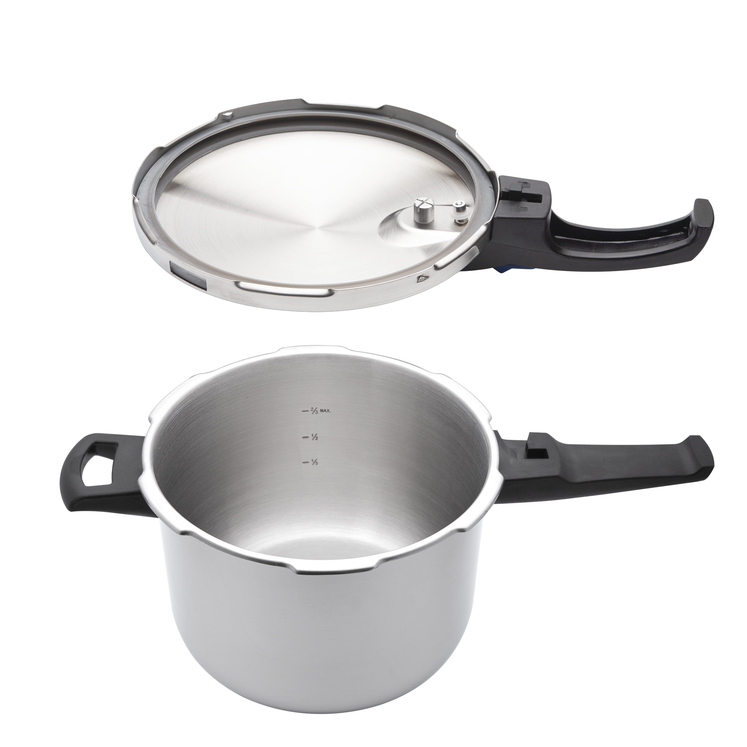 Una olla a presión con la tapa separada. La olla es plateada, con asas negras. La tapa también es plateada.