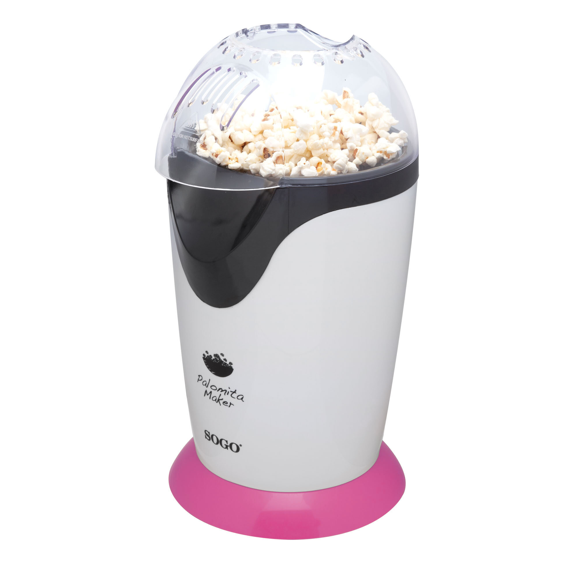 Máquina de palomitas sobre fondo blanco, cuerpo blanco, tapa transparente con palomitas, base rosa.