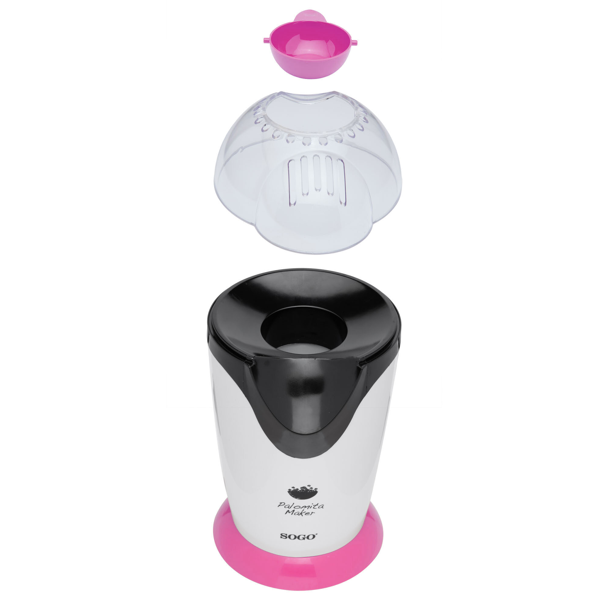 Una máquina de palomitas desmontada. Tiene un cuerpo blanco, tapa negra, cúpula transparente y piezas rosas. Las piezas están separadas.
