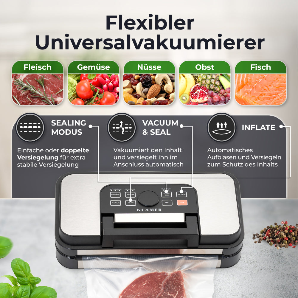 Vakuumiergerät mit Abschnitten für Fleisch, Gemüse, Nüsse, Obst und Fisch. Funktionen sind Versiegeln, Vakuum & Versiegeln und Aufblasen.