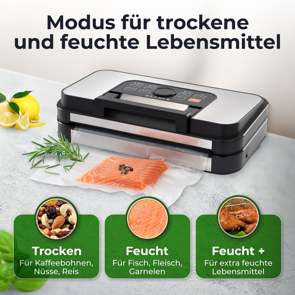 Ein Vakuumiergerät mit Lachs und Gemüse. Drei Etiketten: trocken für Kaffeebohnen, Nüsse, Reis; feucht für Fisch; feucht+ für extra feuchte Lebensmittel.