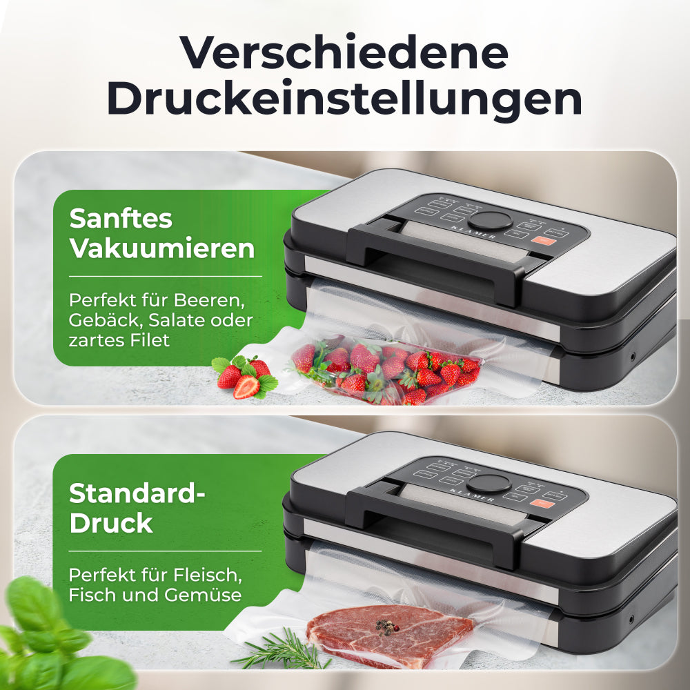 Ein Vakuumierer mit zwei Einstellungen. Eine Einstellung ist für weiche Artikel wie Beeren, die andere für Fleisch und Gemüse.