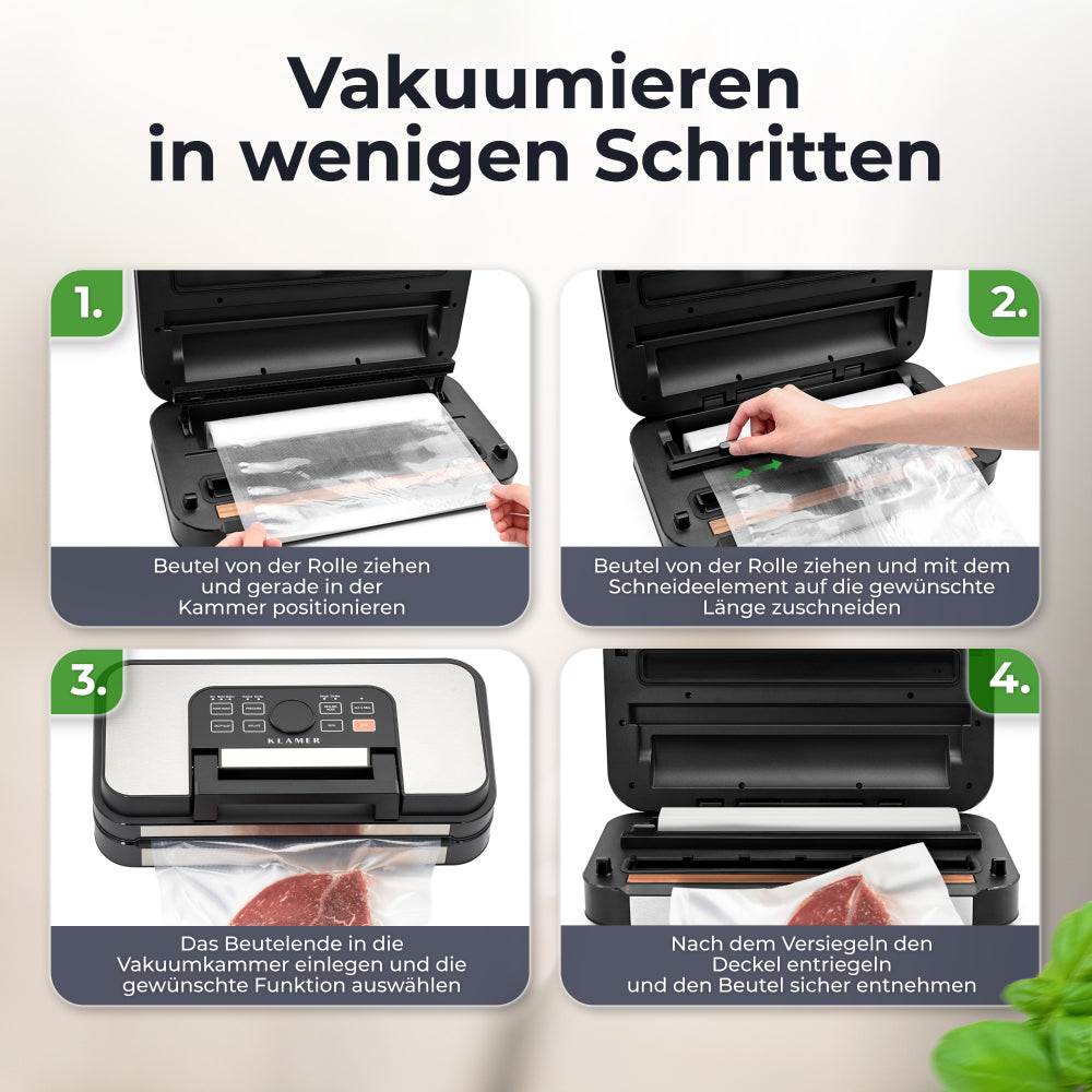 Schritt-für-Schritt-Anleitung zum Vakuumversiegeln. Zeigt das Einlegen, Zuschneiden, Versiegeln und Entfernen. Maschine und Lebensmittel sind sichtbar.