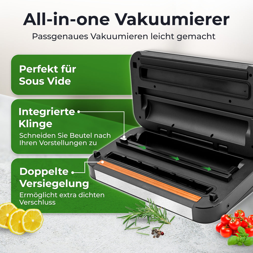 Ein schwarzes Vakuumiergerät mit Zitronen, Tomaten und Kräutern. Text hebt 'Sous Vide', 'integrierte Klinge' und 'Doppelversiegelung' hervor.