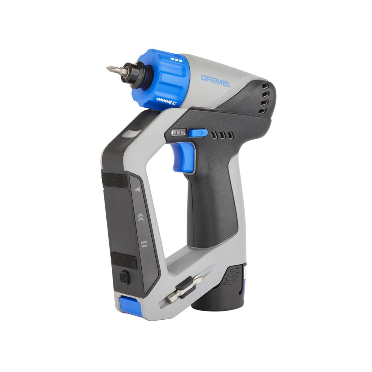 Un tournevis sans fil Dremel est présenté. Il possède des composants en plastique bleu et gris. Le bit de vis est noir et argenté.
