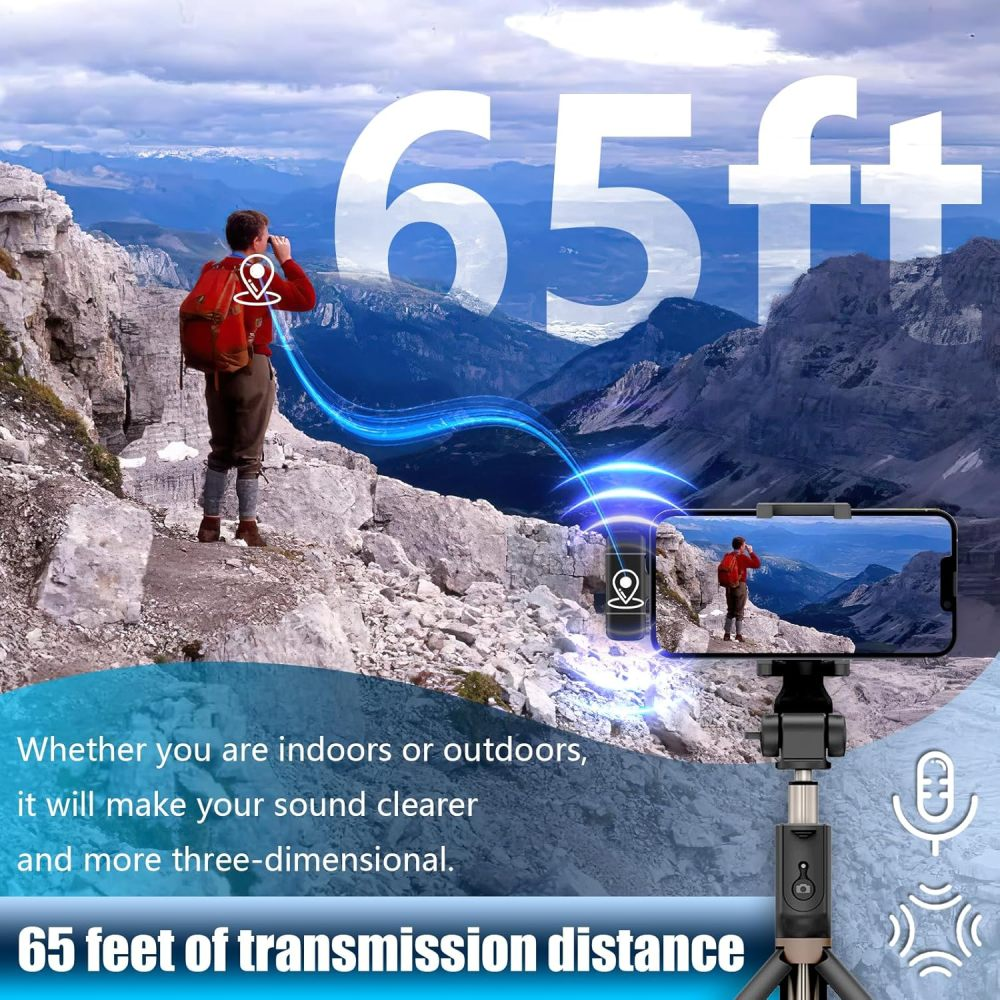 Eine Person auf einem Berggipfel, die durch ein Fernglas schaut, mit einem Telefon, das dieselbe Szene zeigt. Text: 65 Fuß und Übertragungsentfernung.