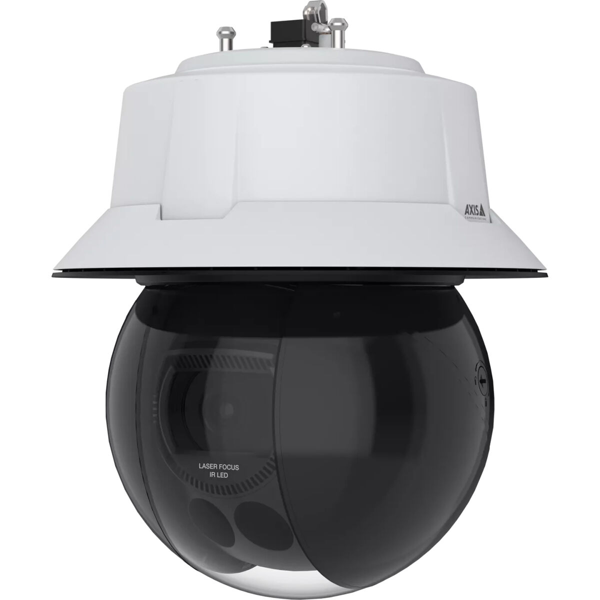 Una telecamera di sicurezza con la parte superiore bianca e la parte inferiore nera e arrotondata. Ha un obiettivo e sono visibili le parole 'LASER FOCUS IN LED'.