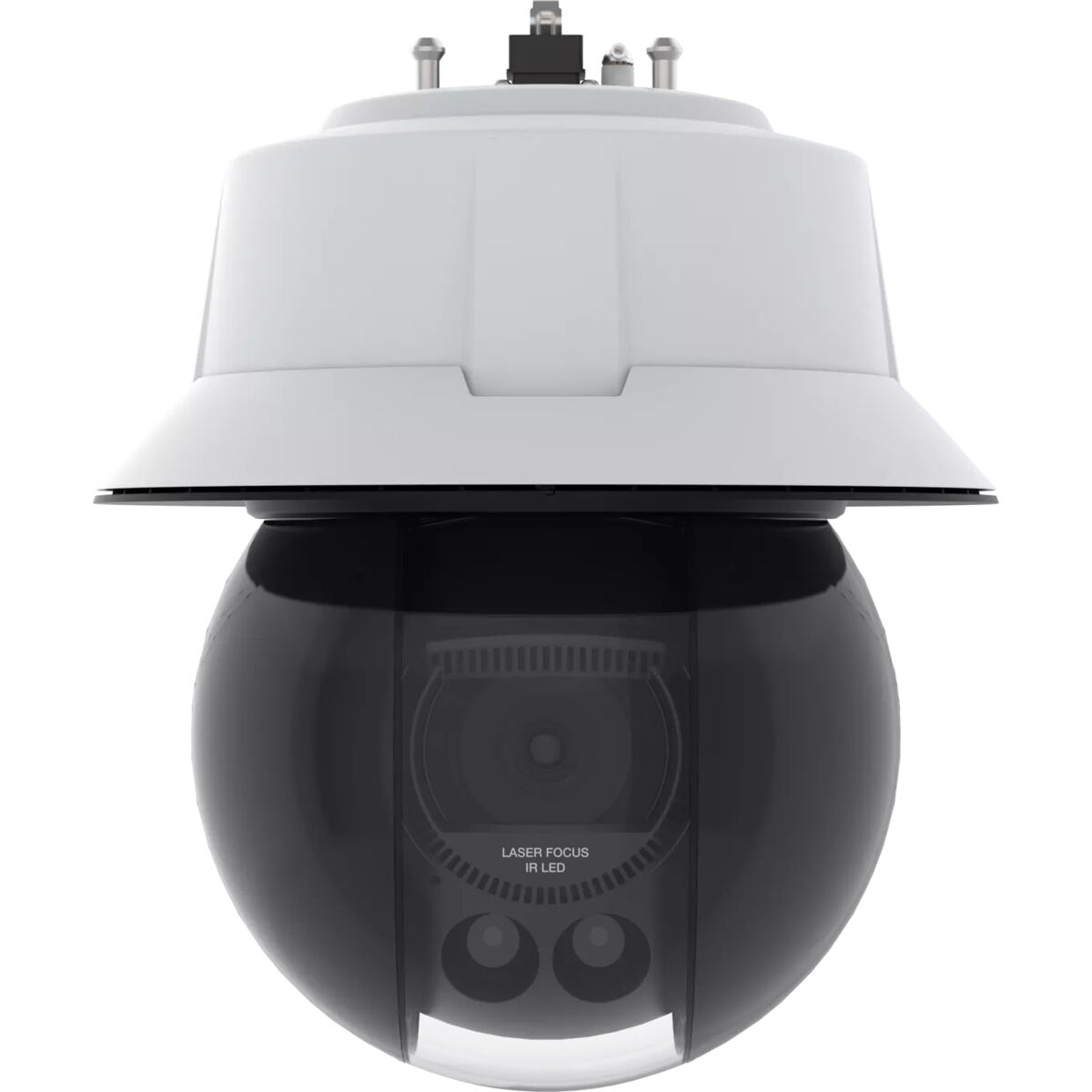 Una telecamera di sicurezza con parte superiore bianca e inferiore nera e sferica. Ha un obiettivo e due LED IR. È stampato 'Laser Focus IR LED'.