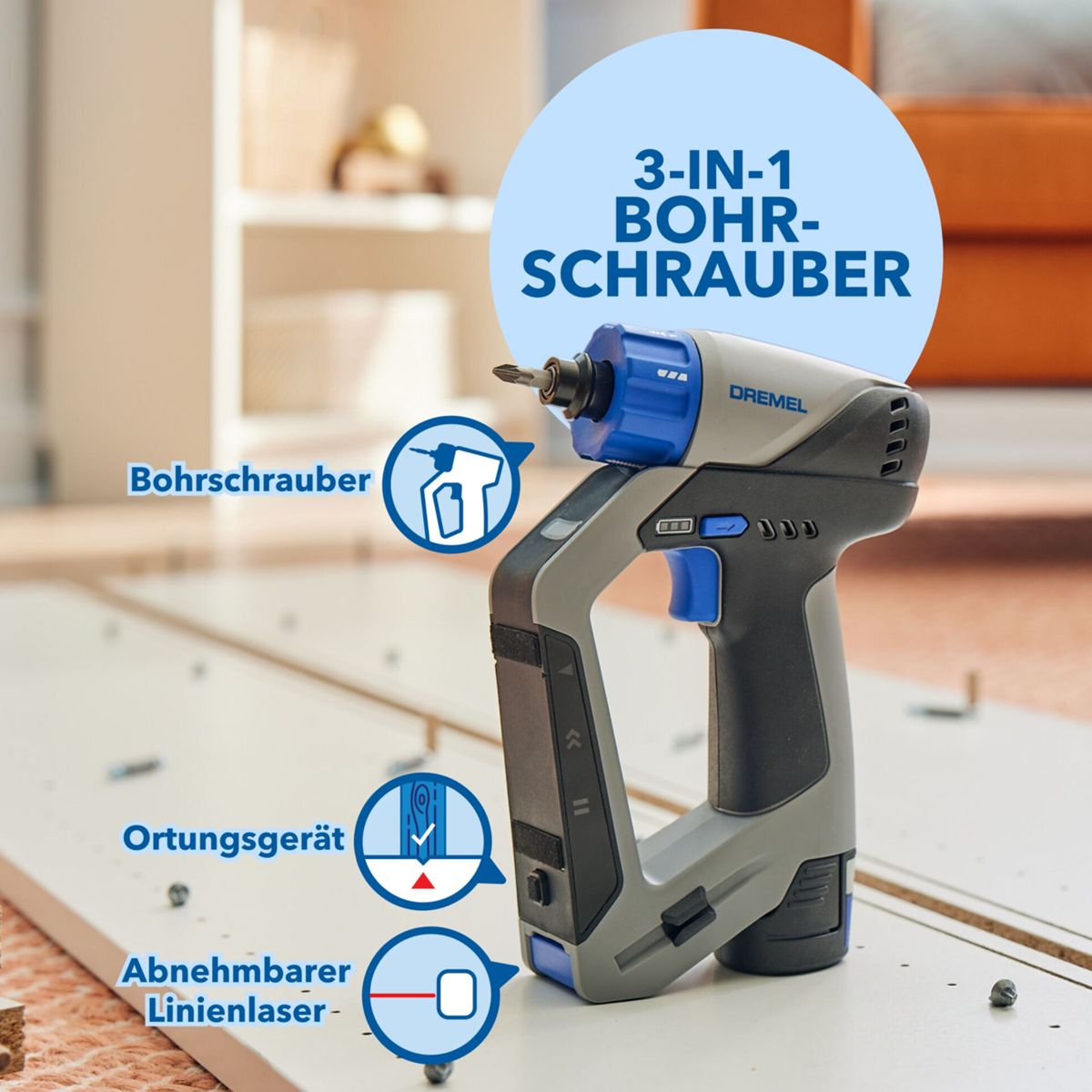 Une perceuse-visseuse Dremel 3-en-1. Elle a une couleur bleue et grise et est présentée sur une surface blanche. Comprend un laser et un détecteur de montants.