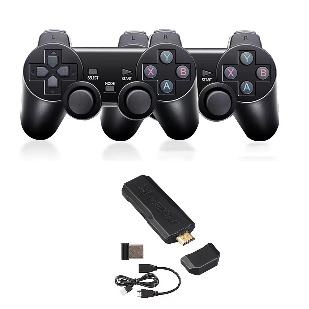 Drei schwarze Gamecontroller und ein Game-Stick mit Zubehör werden auf weißem Hintergrund angezeigt. Tasten sind auf den Controllern sichtbar.