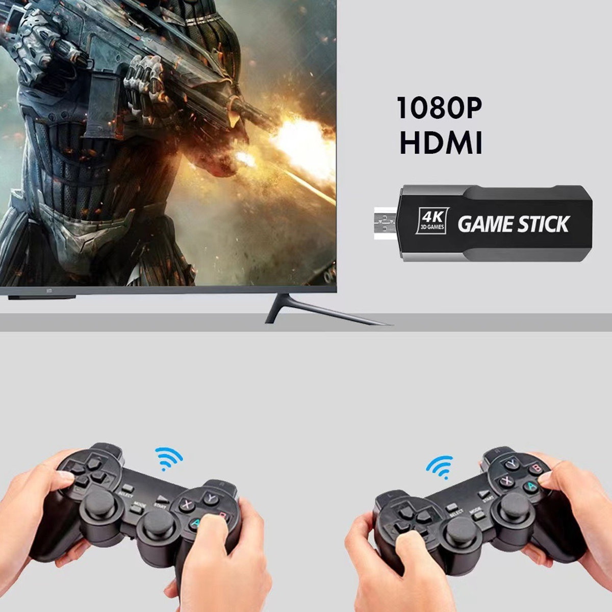 Ein Gaming-Setup mit einem Fernseher, der eine Spielszene anzeigt, einem Game-Stick und zwei Händen, die Controller halten.